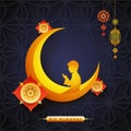 Golden crescent moon with islamic boy praying offering namaz w