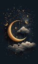 Golden crescent moon with stars and clouds on dark night sky background Royalty Free Stock Photo