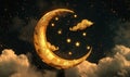 Golden crescent moon with stars and clouds on dark night sky background Royalty Free Stock Photo