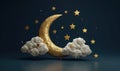 Golden crescent moon with stars and clouds on dark night sky background Royalty Free Stock Photo