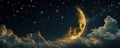 Golden crescent moon with stars and clouds on dark night sky background Royalty Free Stock Photo