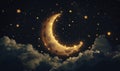 Golden crescent moon with stars and clouds on dark night sky background Royalty Free Stock Photo