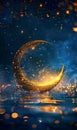 Golden crescent moon with stars and clouds on dark night sky background Royalty Free Stock Photo
