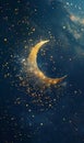 Golden crescent moon with stars and clouds on dark night sky background