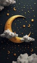 Golden crescent moon with stars and clouds on dark night sky background Royalty Free Stock Photo