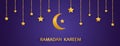 Golden crescent and stars hanging on dark violet background. Ramadan Kareem long banner. Gold luxury papercut design