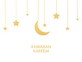 Golden crescent and stars hanging on white background. Ramadan Kareem arabic border. Eid Mubarak greeting card. Luxury gold design