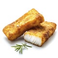Golden Crispy Fried Fish Filets with Rosemary on White Background. Royalty Free Stock Photo