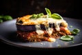 A golden and crispy slice of eggplant parmigiana served on a plate, showcasing its deliciously cheesy topping. Generative AI