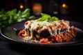 A golden and crispy slice of eggplant parmigiana served on a plate, showcasing its deliciously cheesy topping. Generative AI