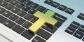 Golden cross on computer laptop keyboard. 3d illustration Royalty Free Stock Photo