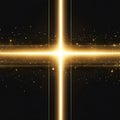 Golden Cross of Light with Sparkling Particles on Black Background golden light beams Royalty Free Stock Photo