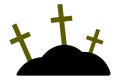 Golden crosses on the hills. Silhouettes. Night cemetery. Religious symbol. Vector illustration. Isolated white background.