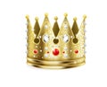 Golden crown. 3D royal corona. Realistic headdress decorated with rubies, glittering diamonds and pearls. Isolated