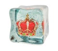 Golden crown frozen in ice cube, 3D rendering