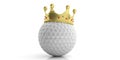 Golden crown on a golf ball - white background. 3d illustration Royalty Free Stock Photo