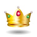 Golden crown with green and red gems and pearls Icon isolated on white background. Crown symbol for your web site design Royalty Free Stock Photo