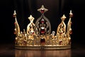 Golden crown inlaid with precious stones isolated on a black background. Royal decoration Royalty Free Stock Photo