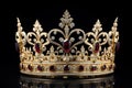 Golden crown inlaid with precious stones isolated on a black background. Royal decoration Royalty Free Stock Photo
