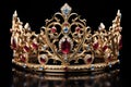 Golden crown inlaid with precious stones isolated on a black background. Royal decoration Royalty Free Stock Photo