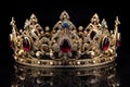 Golden crown inlaid with precious stones isolated on a black background. Royal decoration