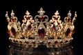 Golden crown inlaid with precious stones isolated on a black background. Royal decoration