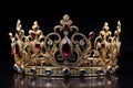 Golden crown inlaid with precious stones isolated on a black background. Royal decoration Royalty Free Stock Photo