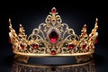 Golden crown inlaid with precious stones isolated on a black background. Royal decoration Royalty Free Stock Photo