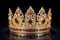 Golden crown inlaid with precious stones isolated on a black background. Royal decoration Royalty Free Stock Photo