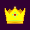 Golden crown pixel art isolated on dark background, Monarchy symbol pictogram game element vector Royalty Free Stock Photo