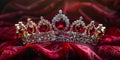 Golden crown with precious stones on red velvet background. Generative AI Royalty Free Stock Photo