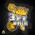 Golden crown, scepter, basketball ball with text three-point king. Vector sport logo