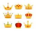 Golden crown vector illustration set, cartoon flat gold royal medieval collection of monarchy symbols, crown on head