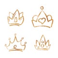 Golden crown vector set on white background. Doodle crown icon for king and queen, prince and princess Royalty Free Stock Photo