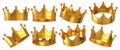 Golden crowns in different positions. Crowns for queen or king. 3D rendered image set. Royalty Free Stock Photo