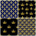 Golden crowns and fleur de lis seamless patterns set Royalty Free Stock Photo