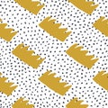 Golden crowns seamless pattern. Doodle crown on polka dot background