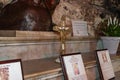 The golden crucifix stands in the main hall of the Stella Maris Monastery which is located on Mount Carmel in Haifa city in