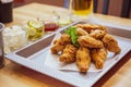 Golden Crunchy Korean Fried Chicken basic Huraideu-Chikin served with pickled and cold beer. In South Korea, fried chicken.