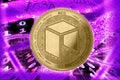 Golden Crypto Coin NEO, on the background of the Binary code with tunnels with energies