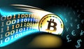 Golden crypto currency bitcoin with glowing binary trail opens the era of digital money