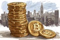 Golden crypto currency coin with bitcoin symbol on the city background