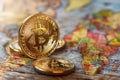 Golden crypto currency coin with bitcoin symbol on map background. Bitcoin Coin