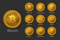 Golden cryptocurrency coin icon sets