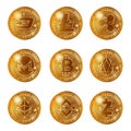 Golden cryptocurrency coins set