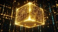 Golden cube data processing, digital network background, tech concept Royalty Free Stock Photo