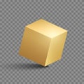 Golden cube. Gold box metallic shape. Vector square block set.