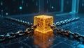 Golden cube linked with heavy chains on dark circuit board. Digital network concept shows connection and data flow. Futuristic Royalty Free Stock Photo