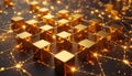 Golden cubes connected by glowing lines abstract network or blockchain concept Royalty Free Stock Photo