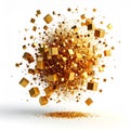 Golden Cubes Explosion with Scattered Particles on White Background Royalty Free Stock Photo